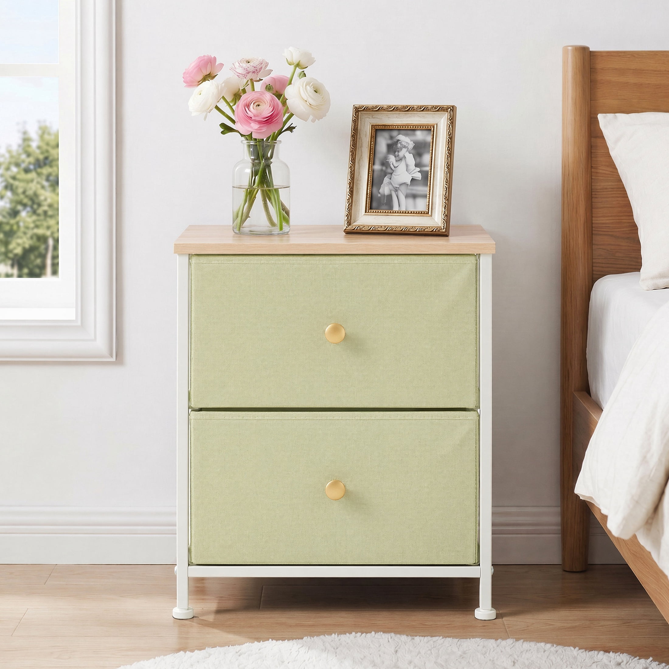 Double Drawer Bedside Table for Bedroom Living Room Storage