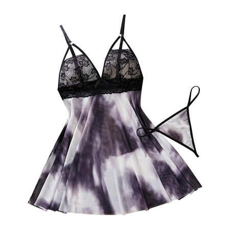 Oplxuo Women s Tie Dye Nightgown Sexy V Neck Lace Babydoll Pajamas Dress 2 Piece Lingerie Sleepwear
