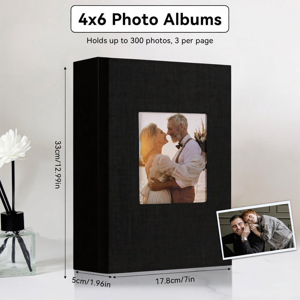 4x6 Photo Album Holds 300 Pictures, Linen Cover with Front Window, Large Capacity Slip-in Picture Album for Weddings, Kids, Travel, Anniversaries, and Family Baby Photos, Black
