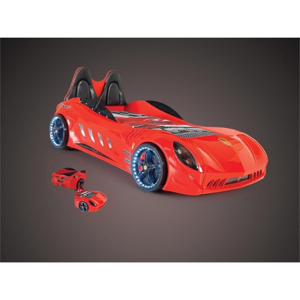 Titi Racer Modern Wood Shark Twin Race Car Bed with Remote Control in Red