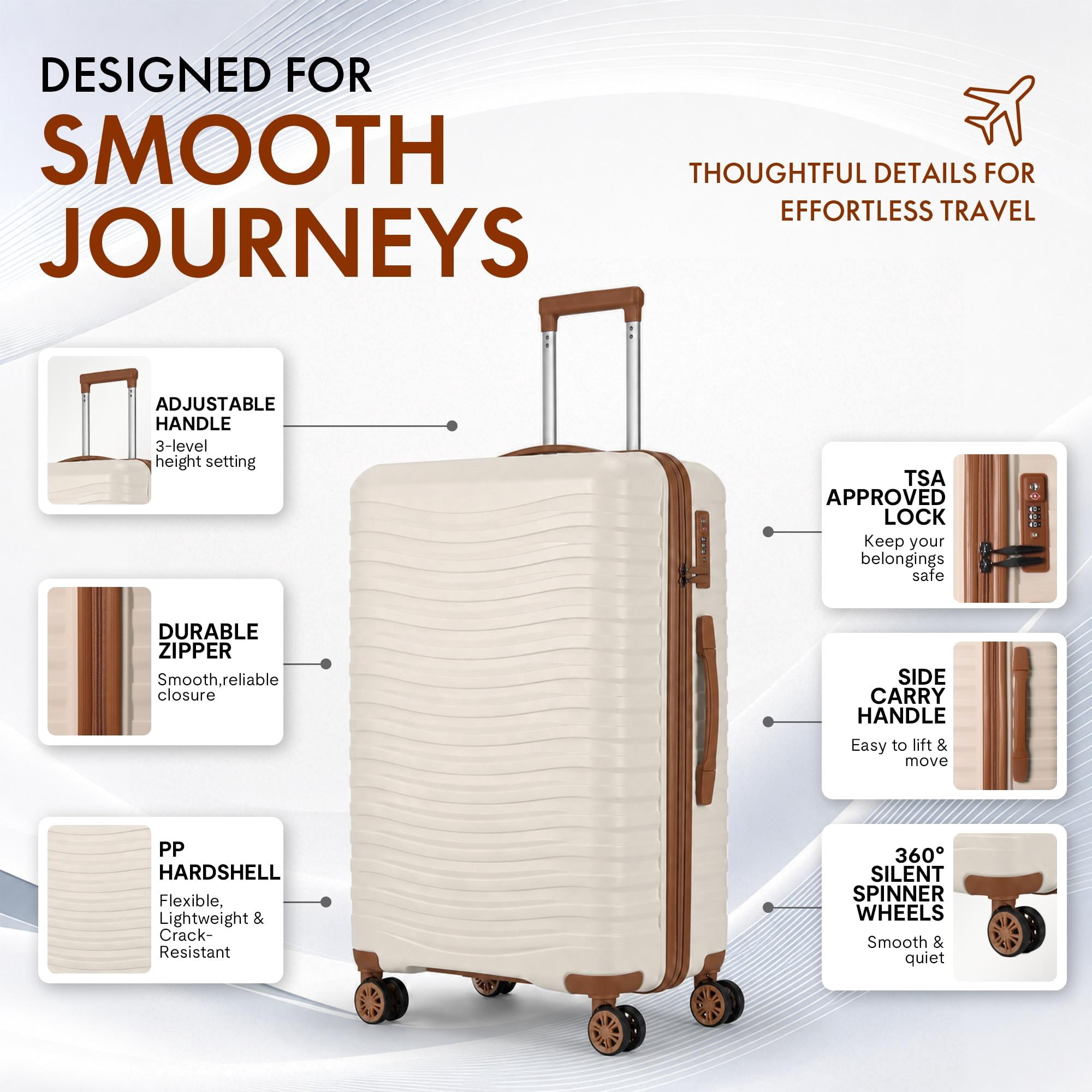 3-Piece PP Hardshell Luggage Set, Lightweight Scratch-Resistant Suitcases with Silent Spinner Wheels & TSA Lock, Beige