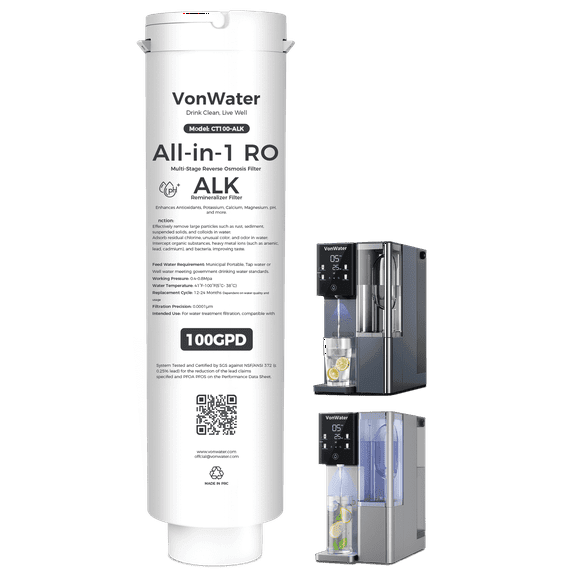 VonWater CT100-ALK Replacement Filter | 𝐀𝐥𝐤𝐚𝐥𝐢𝐧𝐞 pH  Mineral RO Filter Cartridge for CT910/C5/CT91G Series | 100GPD 12-24 Months | NSF/ANSI372,42,58,53 Certified, Reduce TDS PFAS (CT100-ALK)
