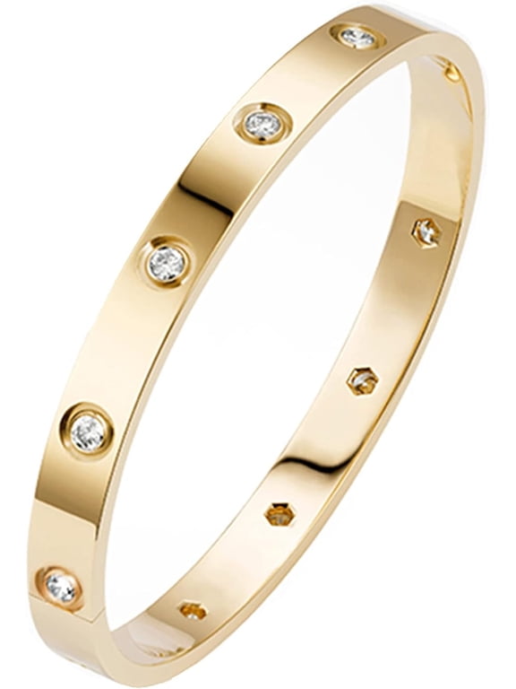 Gold-Plated Oval Cuff Bangle Bracelet For Women With Crystal Accents, 19 Centimeters, Ovl Gold