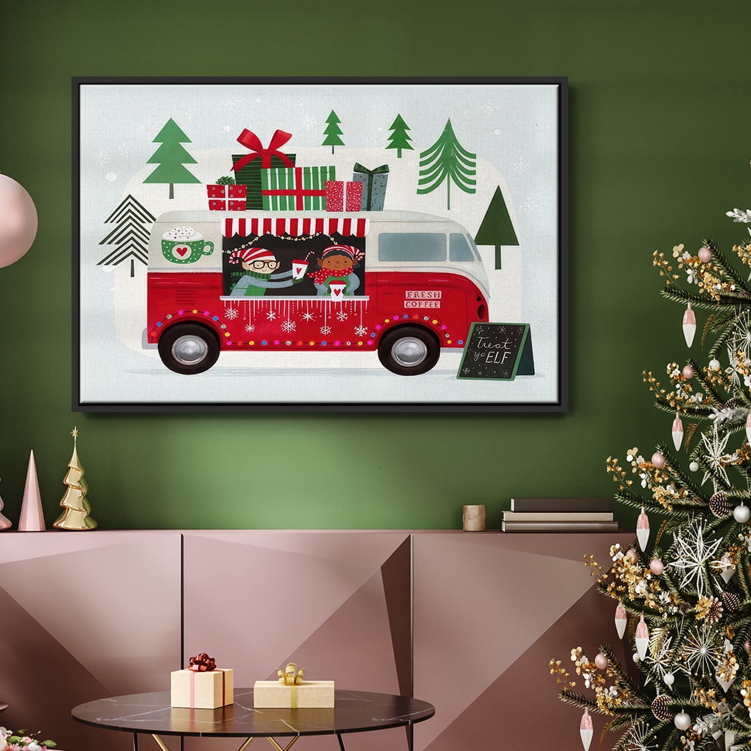 Santa's Foodtruck Collection A - Framed Gallery Wrapped Holiday Canvas - 25 x 37 - Black Frame