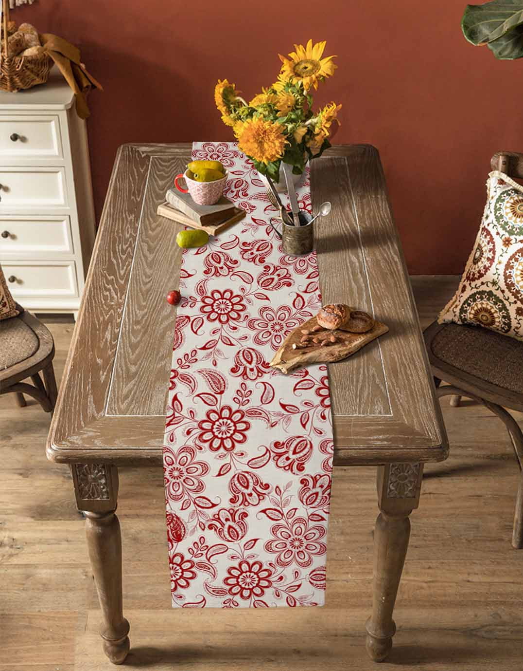 nqOlkjepod Red Flower Table Runner 70 Inches Long Farmhouse Dress Scarves, Farmhouse Pastoral Vintage Ethnic Floral Dining Tablerunner for Coffee Table/Kitchen Island/Party Décor, 13" x 70"