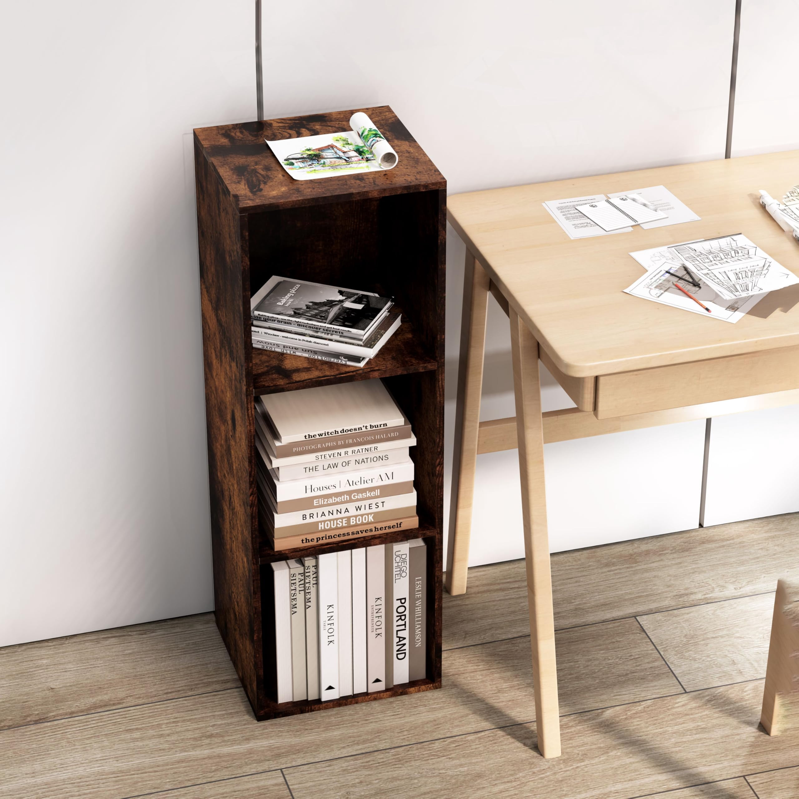 VAFHYLLIS 3 Cube Storage Organizer, 3 Tier Cube Low Bookcase Freestanding Storage Display Organizer for Home Office, Three-Cubes Open Shelf Short Bookshelf (Retro Brown, 3 Cube)