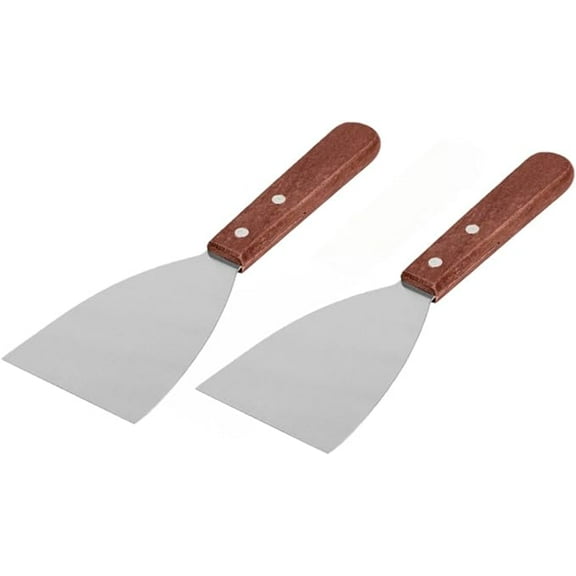Soro Essentials- Set of 2 Stainless Steel 4" Grill Spatula Pan Scraper with Wooden Handle- Scraper with Wooden Handle for Food Service Cleaning Supplies Barbecue Cooking Restaurants Brown