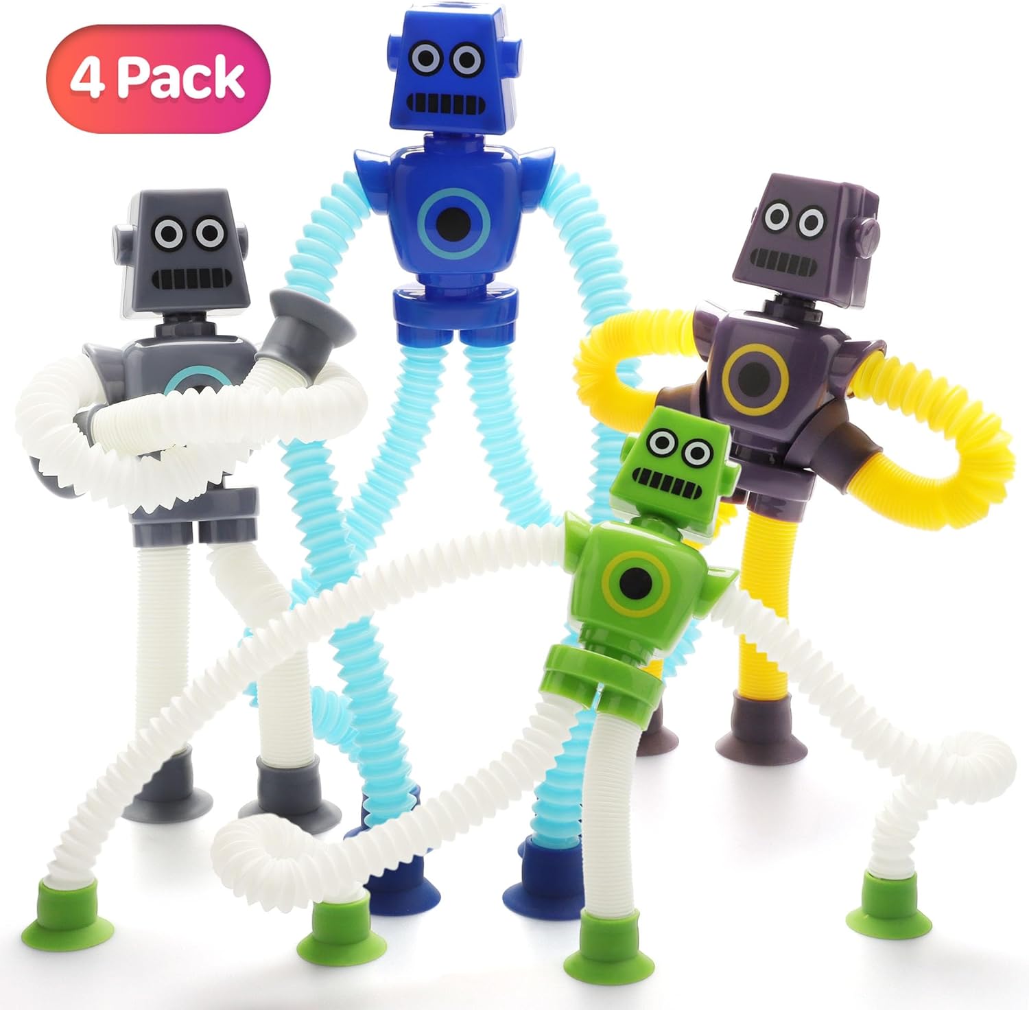 BoxGear LED Robot Toy Set, 4 Pieces with Telescopic Pop Tubes Fidget Sensory Toys for Toddlers (Multi-color)
