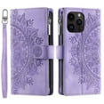 thumbnail image 6 of Dteck Zipper Wallet Case for iPhone 13 Pro Max,Magnetic Durable PU Leather Flower Embossed Case Zipper Card Holder Wallet Kickstand Cover with Detachable Shoulder Strap/Wrist Strap,Purple, 6 of 7