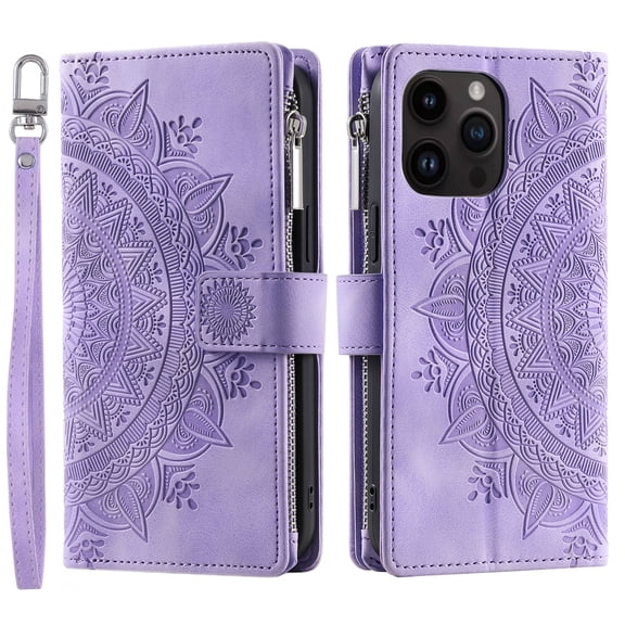 ShellTech iPhone 14 Pro Max Case Wallet for Women, Mandala Floral Embosssed PU Leather,Purple
