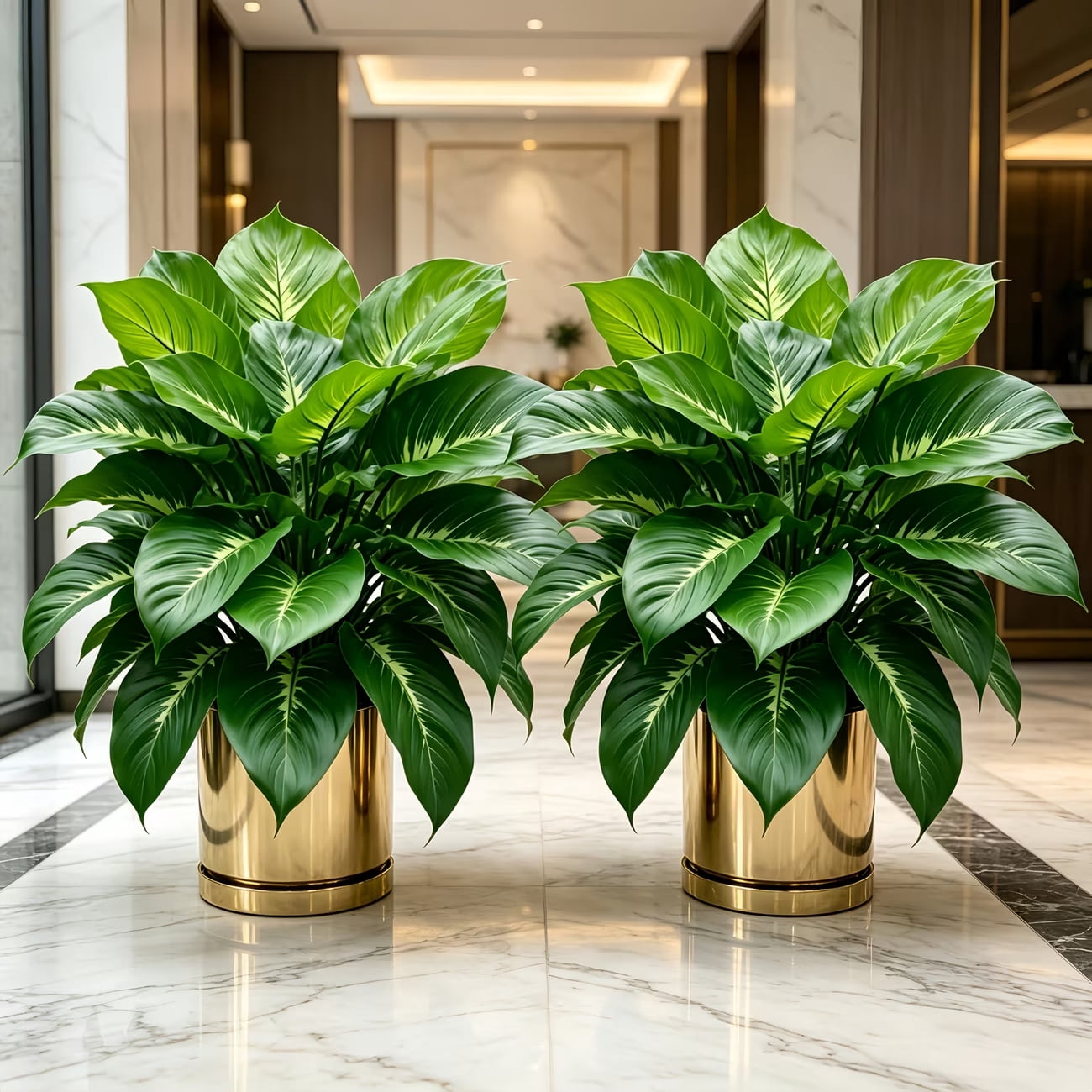 2 Large Realistic Artificial Green Plants Lifelike Tropical Style Lush Green Leaves Perfect for Indoor Outdoor Ground Decoration Home Garden Courtyard Durable Plastic Material No Maintenance Required