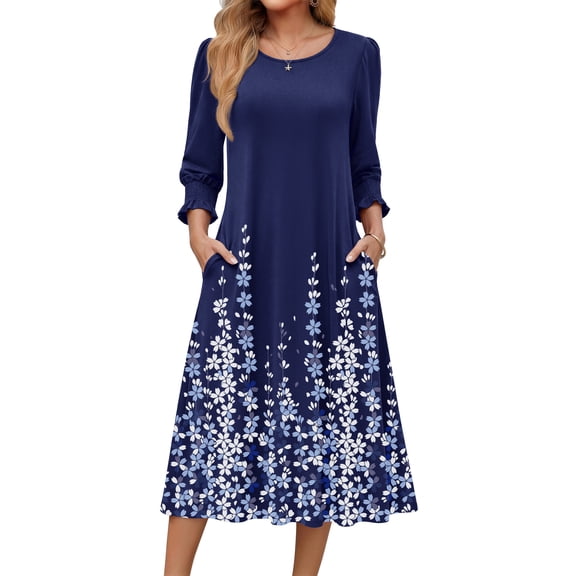 Fantaslook Fall Dresses for Women Smocked 3/4 Sleeve Dress Floral Midi Casual Dresses with Pockets