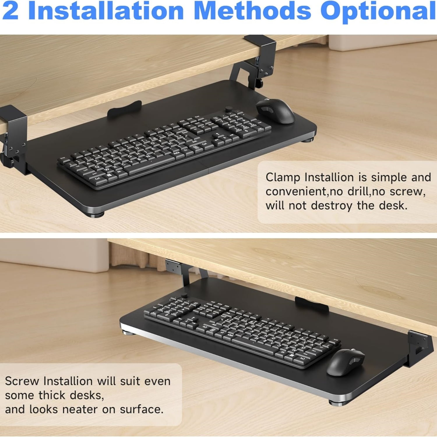 Keyboard Tray Under Desk Large C-Clamp 25.6” (30” Including Clamps) x 11.8” Slide-Out Platform Computer Drawer Pull Out Keyboard & Mouse Tray Black DSF4
