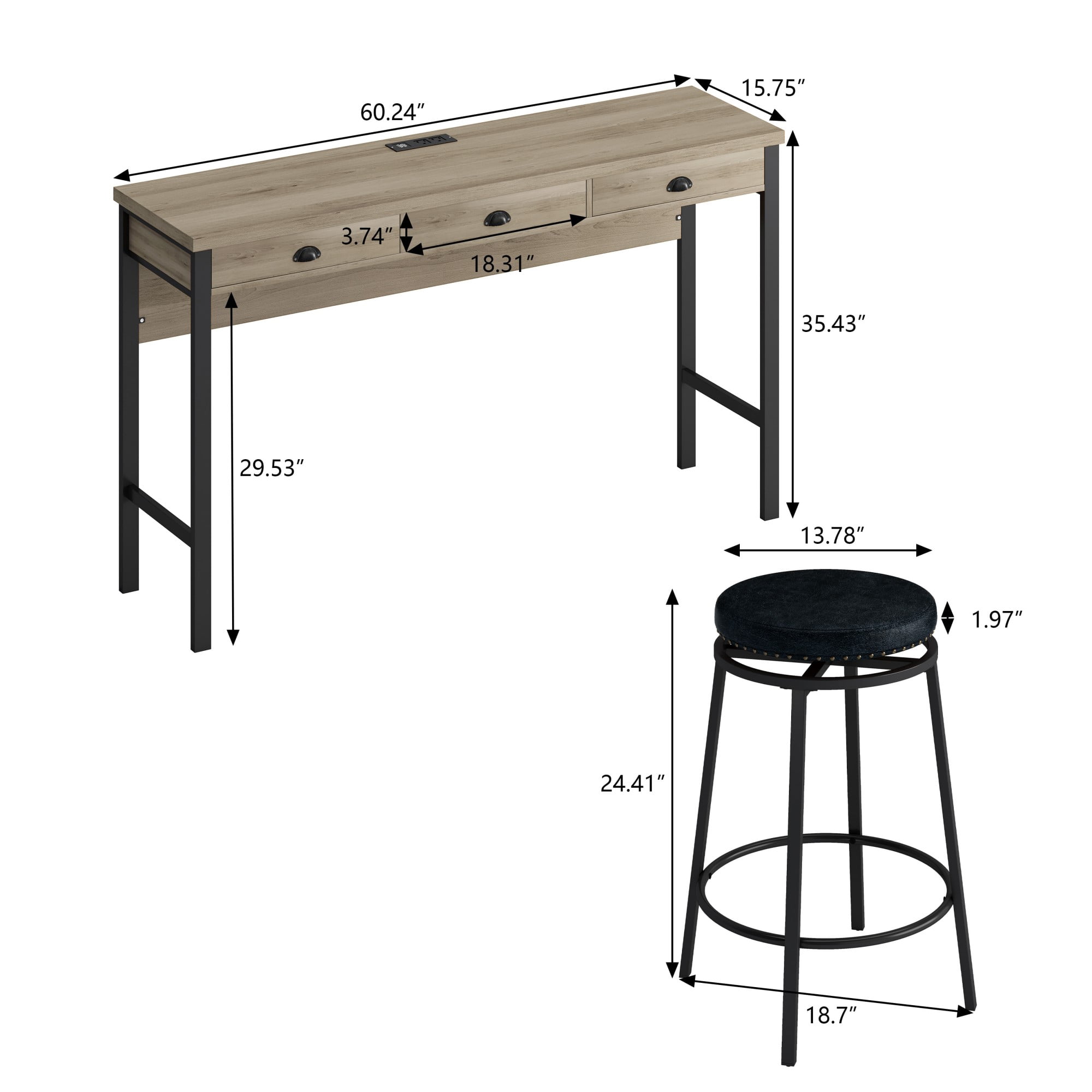 BSHTI 60.24" MDF Dining Room Table Set with Metal Frame, Power Outlets, 3 Circular PU Stools, 3 Drawers for Kitchen（Brown Gray+Black）