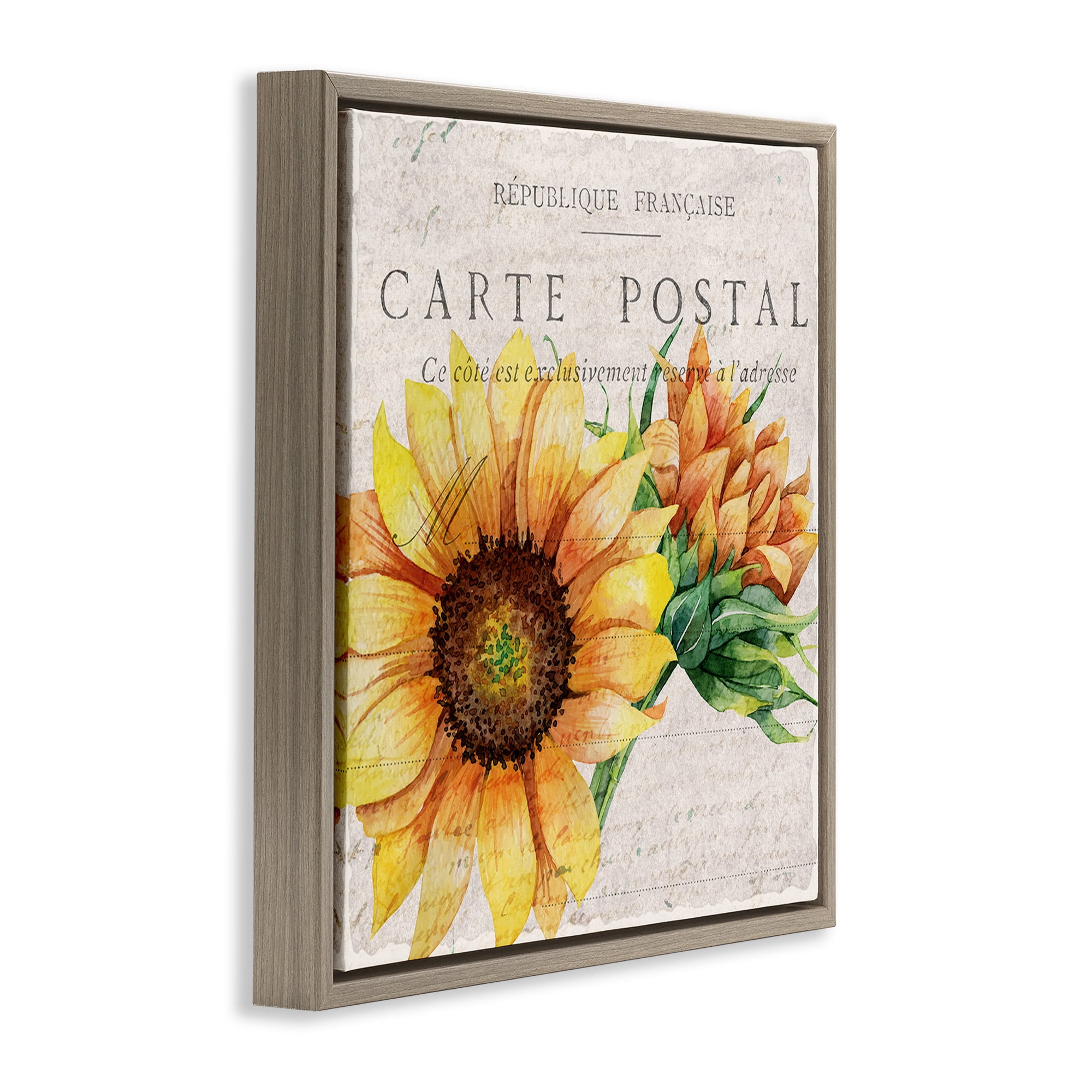 Stupell Industries Vintage French Sunflower Postcard Botanical & Floral Painting Brown Floater Framed Canvas Art Print Wall Art, 18 x 18