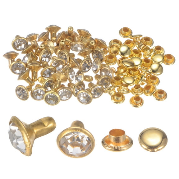 50pcs Crystal Rivets 7mm Rhinestone Rivets Rapid Stud Rivets for Clothing Leather Crafting, Gold