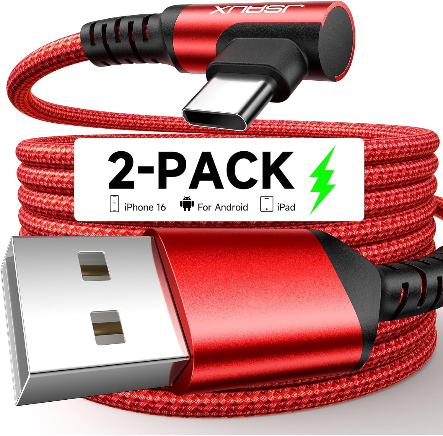 MHAWBL-USB C Cable [2-Pack 10ft], 3.1A Type C Charger Fast Charging Cord Right Angle Compatible with iPhone 16e 16 15 Pro Max Plus, Samsung Galaxy A14 A15 A25 A35 A53 A55, S25 S24 S23, CarPlay -Red