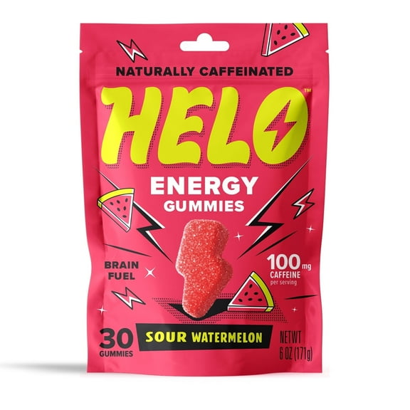 HELO Energy Gummies, Sour Watermelon (30CT) - 50mg of Caffeine per Gummy, Alpha GPC, Lion's Mane, Ashwagandha, Cordyceps, Electrolytes, Vitamin B12