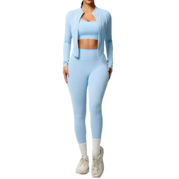 LIIPEE Women Outfits 3 Piece Solid Color Long Sleeve Jacket Sport Bar Tight Pants Yoga Running Fitness Set Woman Handsome Climbing Hiking Camping Cycling Outfits,Sky Blue,M