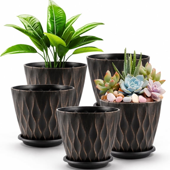 FOUKUS 6 inch Plastic Plant Pots: 5 Pack Indoor Planters with Drainage and Tray Outdoor Flower Pots, Black Gold