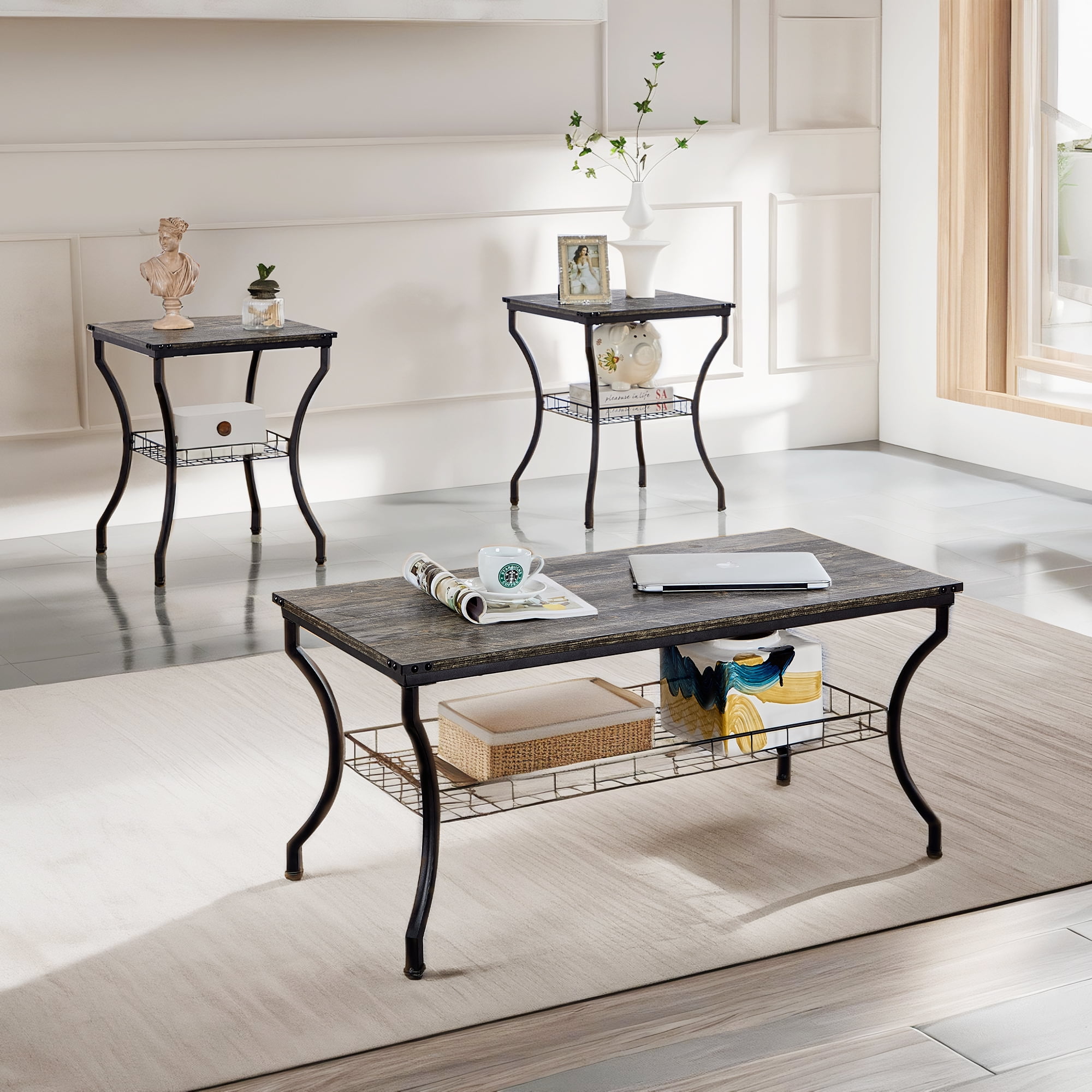 VECELO 3-Piece Vintage Coffee Table Set with Storage, Oak Gray