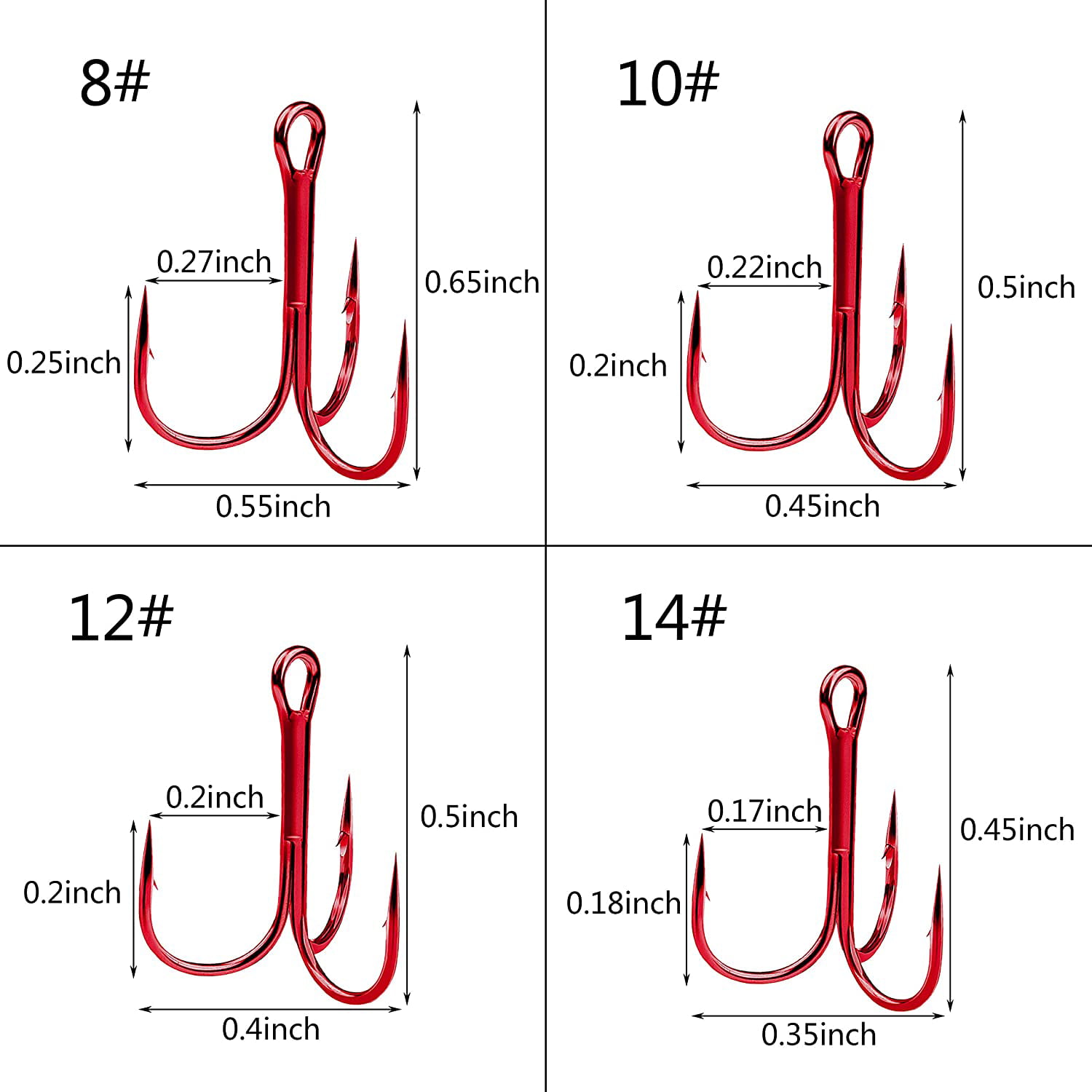 Fishing Red Treble Hooks,100pcs Sharp Round Bend Barbed Treble Hook High-Carbon  Steel Hooks for Bass Trout Saltwater Freshwater Size 2# 