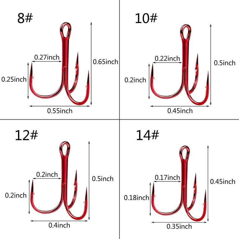 Fishing Red Treble Hooks,100pcs Sharp Round Bend Barbed Treble Hook  High-Carbon Steel Hooks for Bass Trout Saltwater Freshwater Size 6#