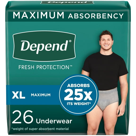 Depend Fresh Protection Adult Incontinence Underwear for Men, Disposable, Maximum, Extra-Large, Grey, 26 Count, Packaging May Vary
