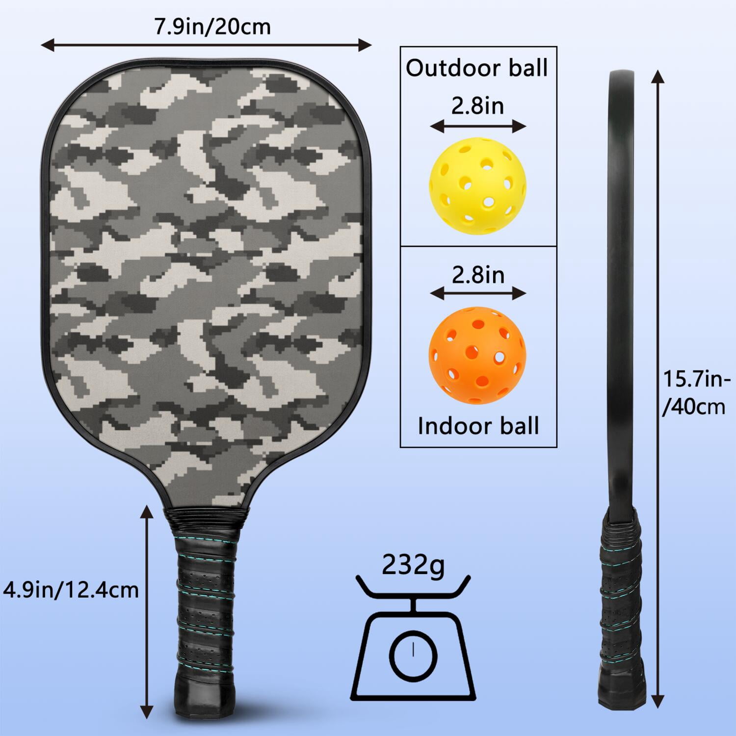 Pickleball Paddles Set Of 1, Fiberglass Surface, Camouflage Print, 1 Paddle, 2 Balls & Bag