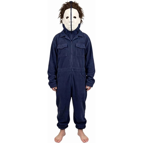 Satmonnus Halloween Costume for Adults,Unisex Masked Jumpsuit Costume, Full Zip Face Cover Hooded Coverall with Pockets, Long Sleeve One Piece Outfit Novelty Costume for Halloween Party and Cosplay
