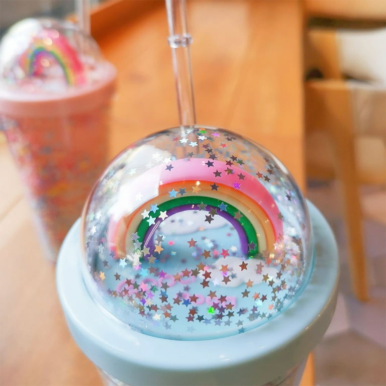 ZUARFY 550ml Creative Rainbow Plastic Water Bottle Double Layer Shiny  Quicksand Sequins Kawaii Drinking Cup with Straw Lid Coffee Juice Tumblers  Mug Drinkware 