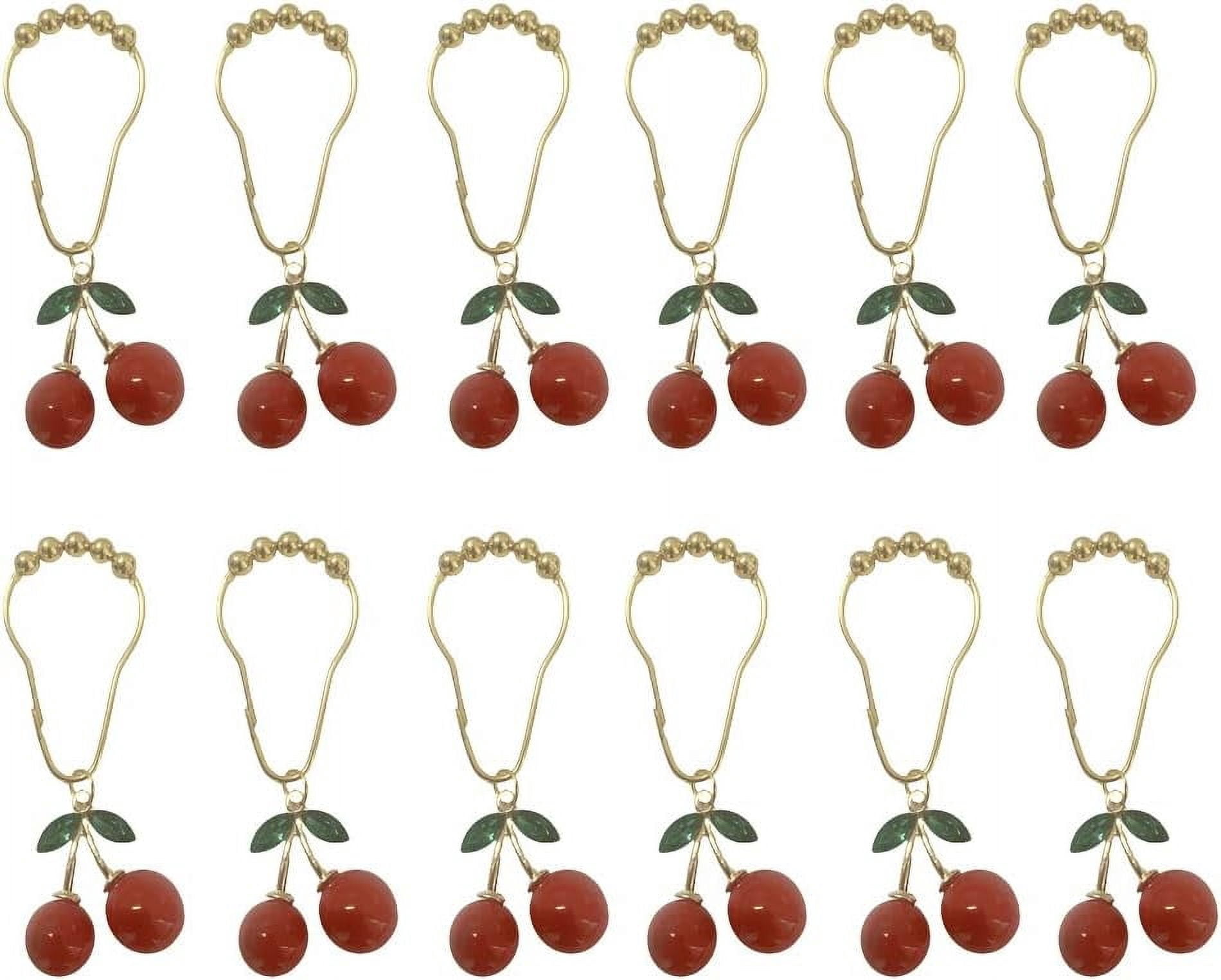 Cherry Shower Curtain Hooks Rings for Bathroom Shower Curtain & Liners, Rust Proof Stainless Steel Decorative Curtain Ring with Resin Red Fruit Themed Cherry Bathroom Decor, Set of 12 (Gold)