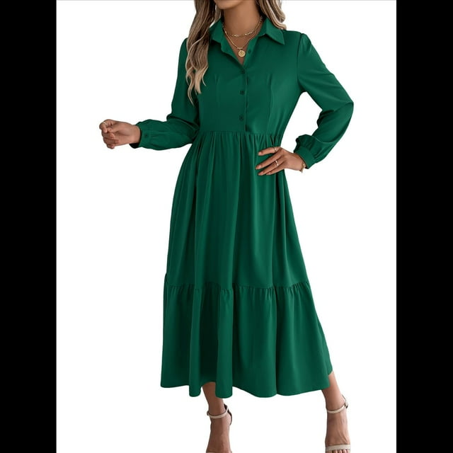 Vestido Camisero Informal de 3/4 para Mujer, con Botones, Cuello en V, Cuello Escalonado, Holgado y Verde Oscuro L