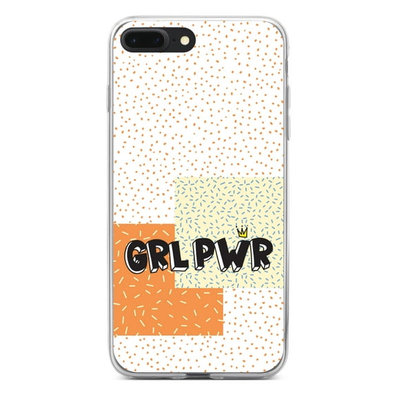 DistinctInk Clear Shockproof Hybrid Case for iPhone 7 PLUS / 8 PLUS (5.5" Screen) - TPU Bumper, Acrylic Back, Tempered Glass Screen Protector - Girl Power - GRL PWR - Crown, Polka Dots