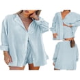 thumbnail image 4 of Women Two-piece Pants Suit  Solid Color Long Sleeve Blouse and Drawstring Elastic Waist Shorts, 4 of 5