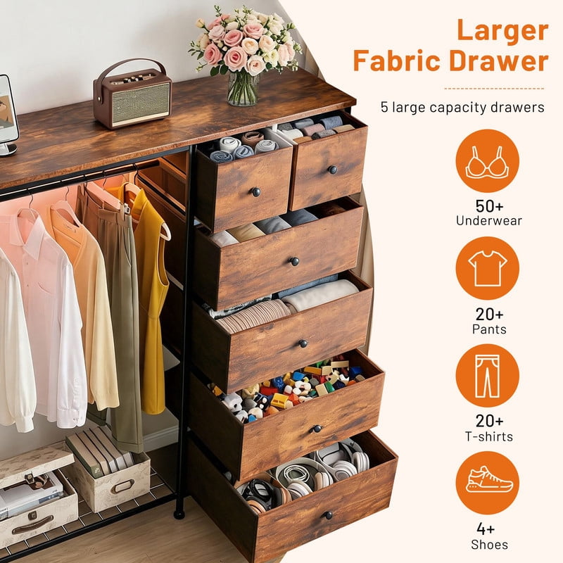 Simenmax 6-Drawer Storage Closet with LED Lights & Charging Station, 49.2" Wide Wooden Wardrobe Rack with Fabric Bins,Portable Clothing Organizer for Bedroom, Entryway, Brown