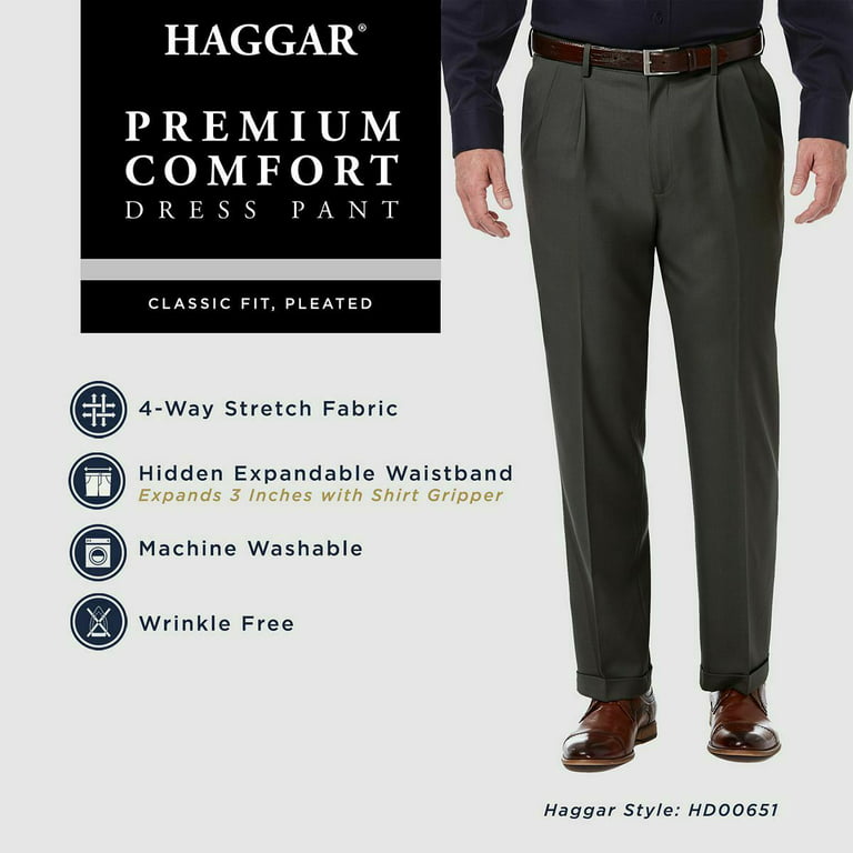 HAGGAR Mens Black Pleated Straight Leg Classic Fit Stretch Pants 42 X 29 