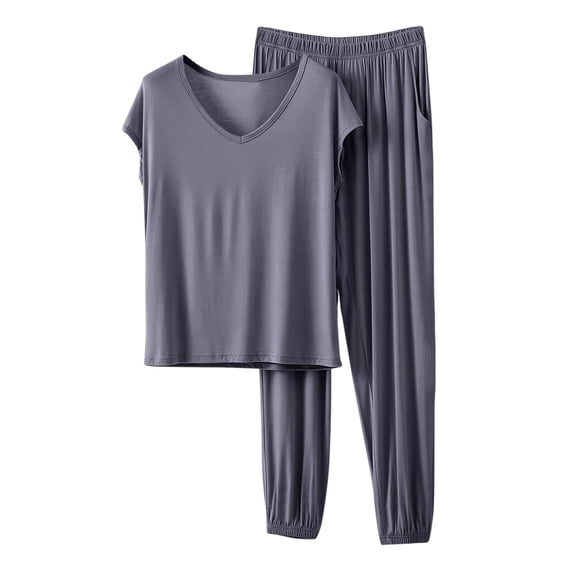 Ruimatai Women's Casual V-Neck Short Sleeve Pajama Set Soft Modal Loungewear Solid Color Loose Fit Home Wear Sleepwear