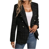 TKLPEHG Women's Blazers Tweed Plaid Blazer Jacket Fashion Business Casual Lapel Elegant Coat with Pockets (Black,XXL)