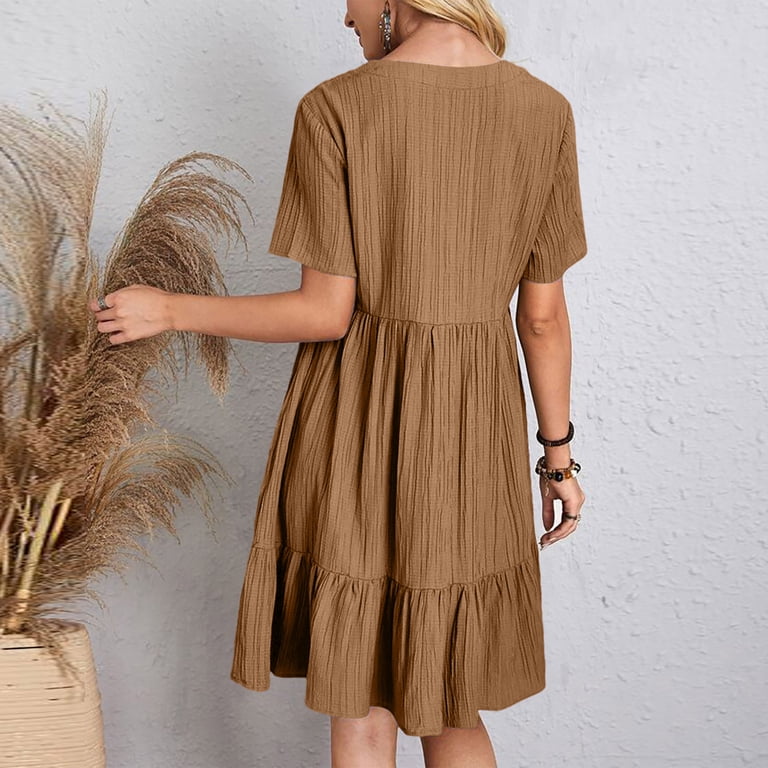 brown flowy dress short Hduncf Women Boho Vacation Mini Dress Short Sleeve V Neck Ruffle Dress A-line Elastic High Waisted Casual Flowy Summer Dresses Brown XXL, Women's,