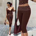 thumbnail image 2 of Evdexr Capri Leggings for Women Polka Dots Knee Length Trousers Low Rise Yoga Cropped Trendy Slacks Casual Soft Comfortable Pants with Pockets Coffee L, 2 of 9