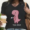 thumbnail image 4 of Camiseta divertida con estampado de dinosaurio Tea-rex para mujer, camisetas casuales de verano de manga corta, camisetas con cuello en V con estampado de dinosaurio lindo, 4 of 5
