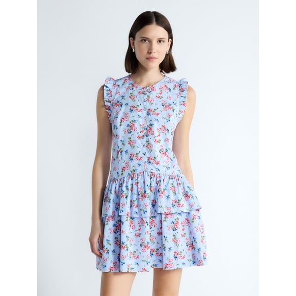 Free Assembly Women's Button Front Cotton Mini Dress with Flutter Sleeves, Sizes XS-XXL