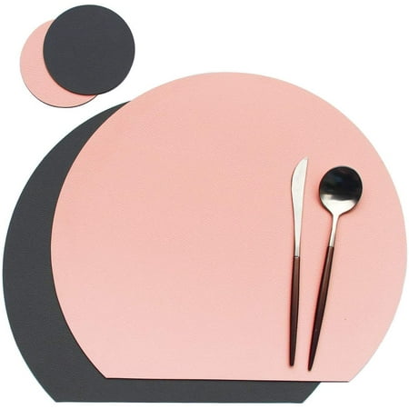 

Round Placemats Non-Slip Reversible Faux Leather Table Mats Set of 1 Washable Table Mats and 1 Coasters Coffee Mats for Dining Tables 13 x 15 (Black + Brown)