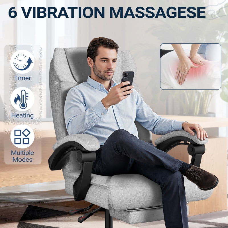 Homall Massage Office Chair with Heat and 6 Vibration Points,High Back Executive Office Chair with Reclining Backrest with Reclining Backrest,Ergonomic Computer Desk Chair with Footrest,Linen,Gray