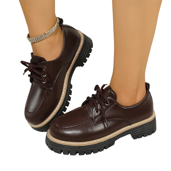 Willtoo Women's Retro Fashion Loafers Solid Color Lace up Mary Jane Shoes Platform Comfortable Slip On Casual Shoes Non-Slip Breathable Work Pumps Shoes