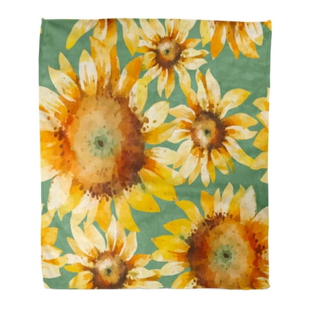 SIDONKU Throw Blanket Warm Cozy Print Flannel Orange Flower Sunflowers Watercolor Yellow Sun Garden Blossom Blossoming Bright Comfortable Soft for Bed Sofa and Couch 58x80 Inches