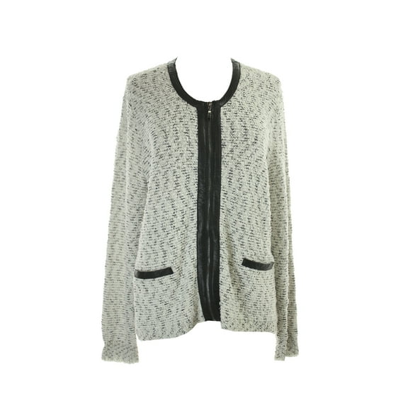 Alfani Womens Ivory Faux-Leather-Trim Textured Zip Jacket XS