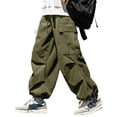 thumbnail image 1 of ZAFUL Flat Pocket Parachute Pants for Men Causal Baggy Cargo Pants Unisex Street Y2K Pants Drawstring Trousers Corduroy Amy Green S, 1 of 5