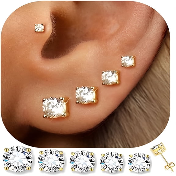 DESIGNICE 5 Pairs 14K Gold Plated Stud Earrings for Women, Hypoallergenic Earring Sets for Multiple Piercing, Cubic Zirconia Studs Earrings for Women